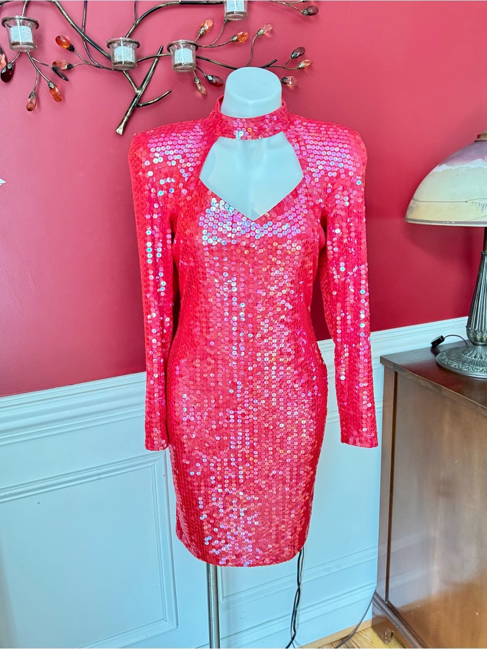 Vintage 80’s Long Sleeve Iridescent Red Sequin Keyhole Top Mini Dress